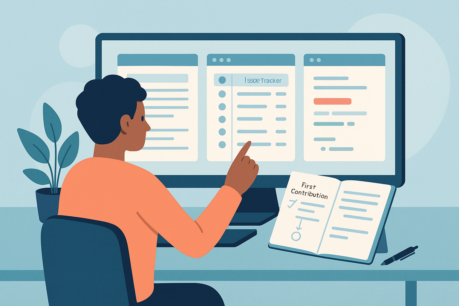 Editorial illustration showing a developer reviewing project docs, issues, and a small code change before making a first open source contribution