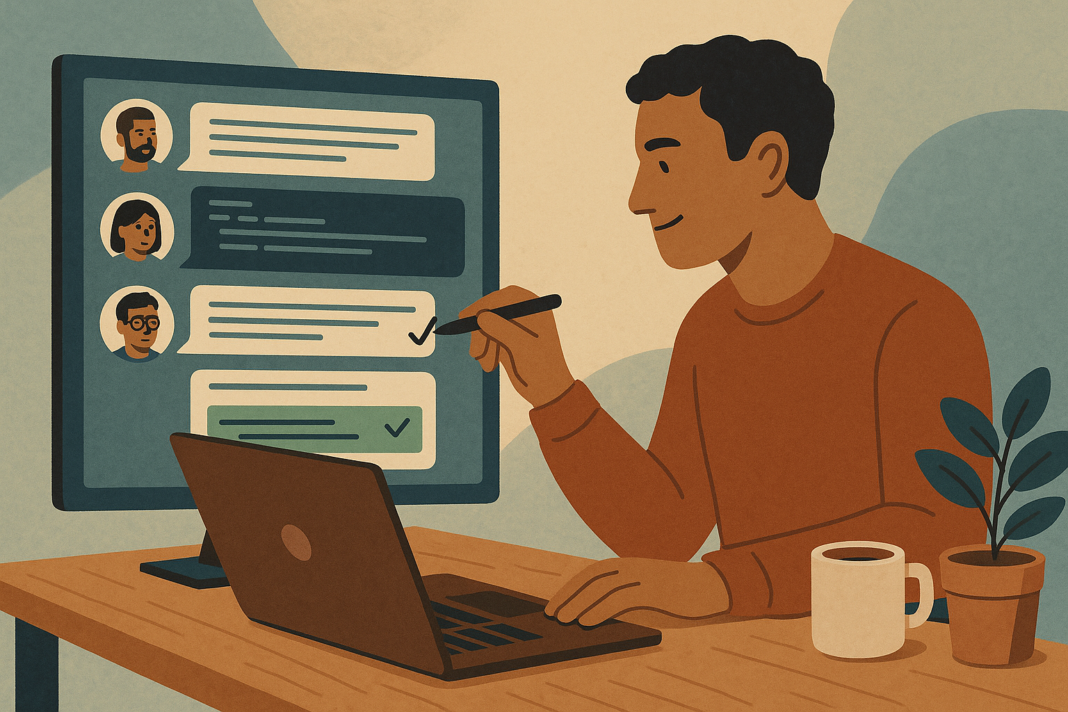 Editorial illustration of a developer working through pull request feedback with maintainers and shipping a polished open source fix
