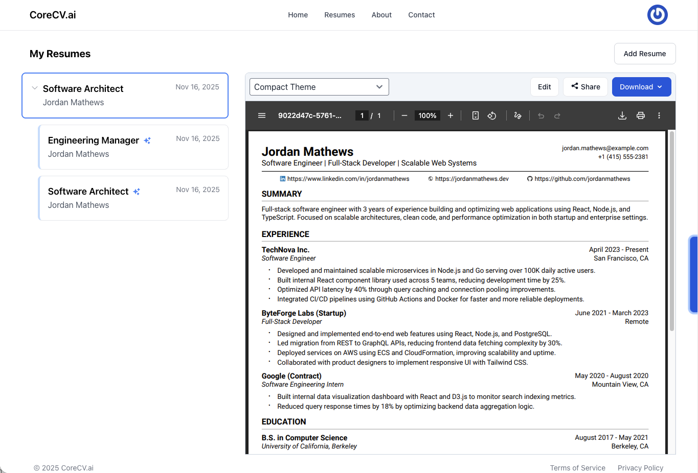 CoreCV.ai Main Interface