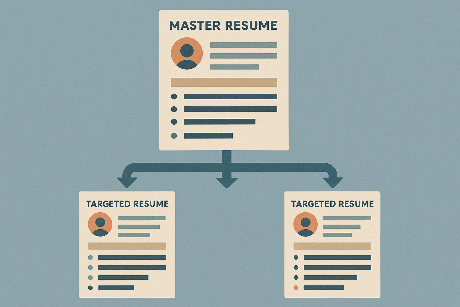 Editorial illustration showing a master resume feeding into a few targeted versions while core facts stay stable
