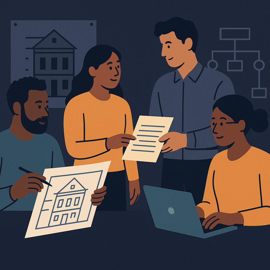 Editorial illustration showing communication in technical work through documentation, architecture discussion, and cross-functional alignment