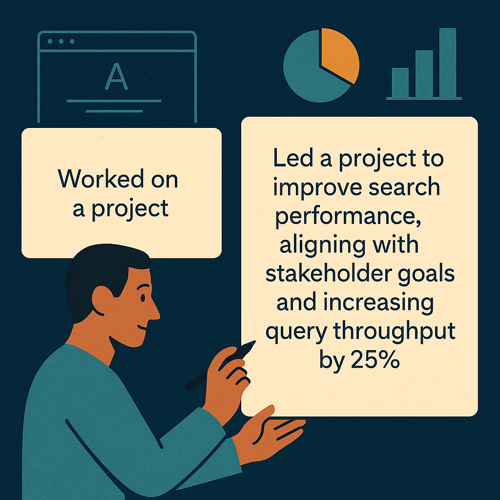 Editorial illustration contrasting a vague soft-skills claim with a concrete, evidence-based resume bullet