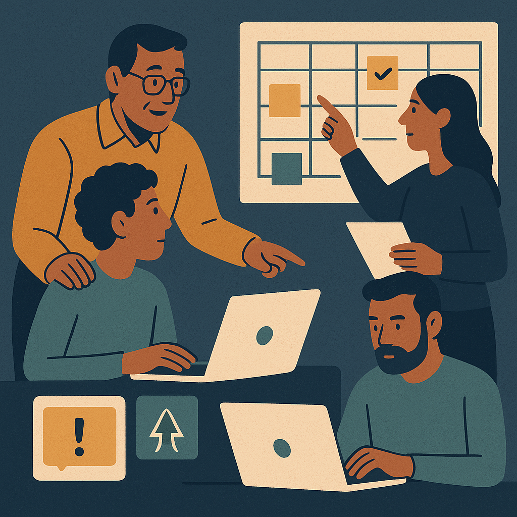 Editorial illustration showing technical leadership through mentoring, ownership, and calm coordination during a release