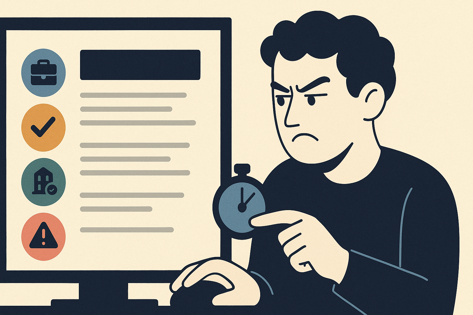 Editorial illustration of a candidate doing a quick five-minute screen on a job listing before tailoring an application