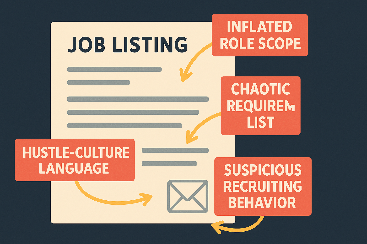 Editorial illustration of a job listing marked with warning signals like vague scope, requirement overload, and suspicious recruiting behavior