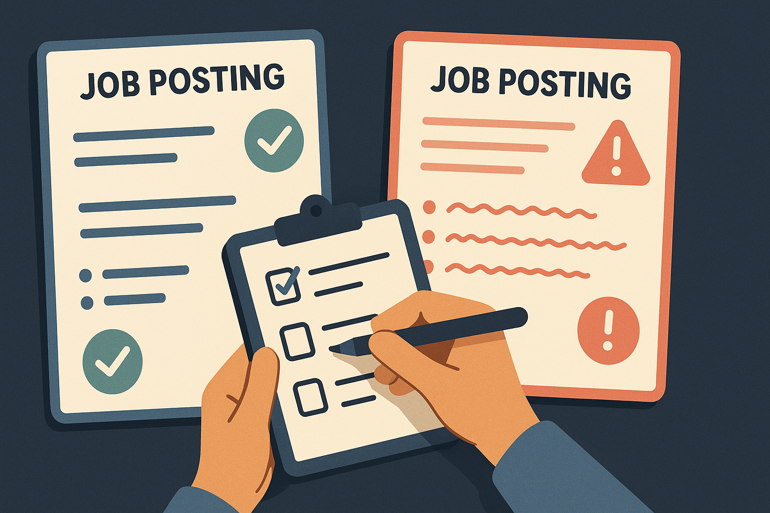 Editorial illustration comparing a credible job post with a weak one while a candidate checks for useful hiring signal