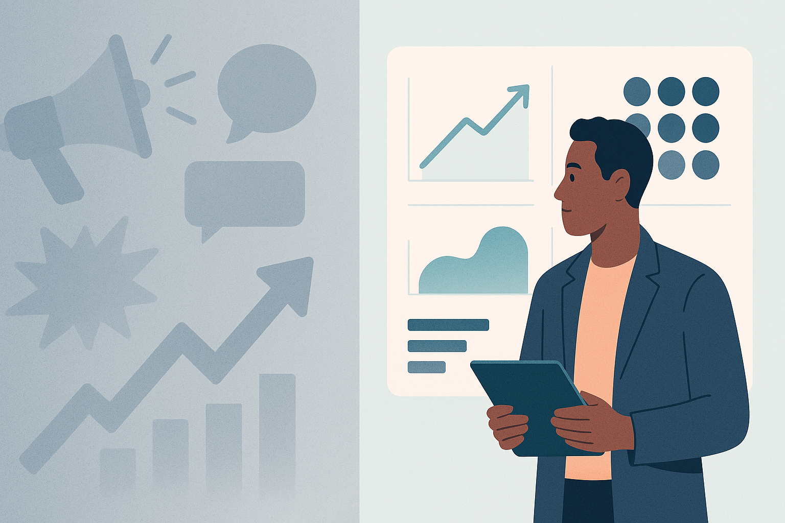 Editorial illustration contrasting hype-driven career noise with calmer demand signals like growth trends and hiring patterns