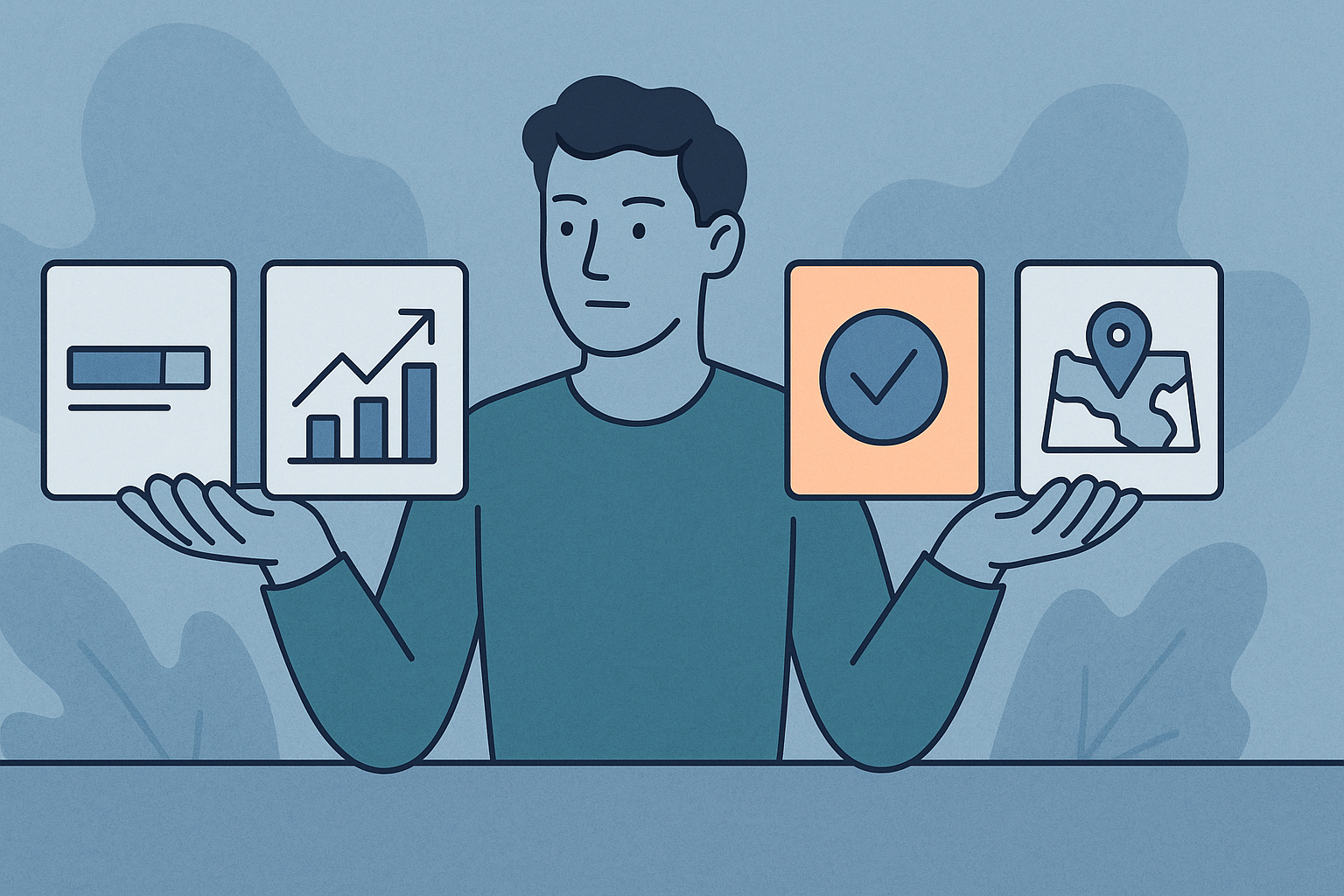 Editorial illustration showing a candidate weighing salary data against growth, fit, and location tradeoffs