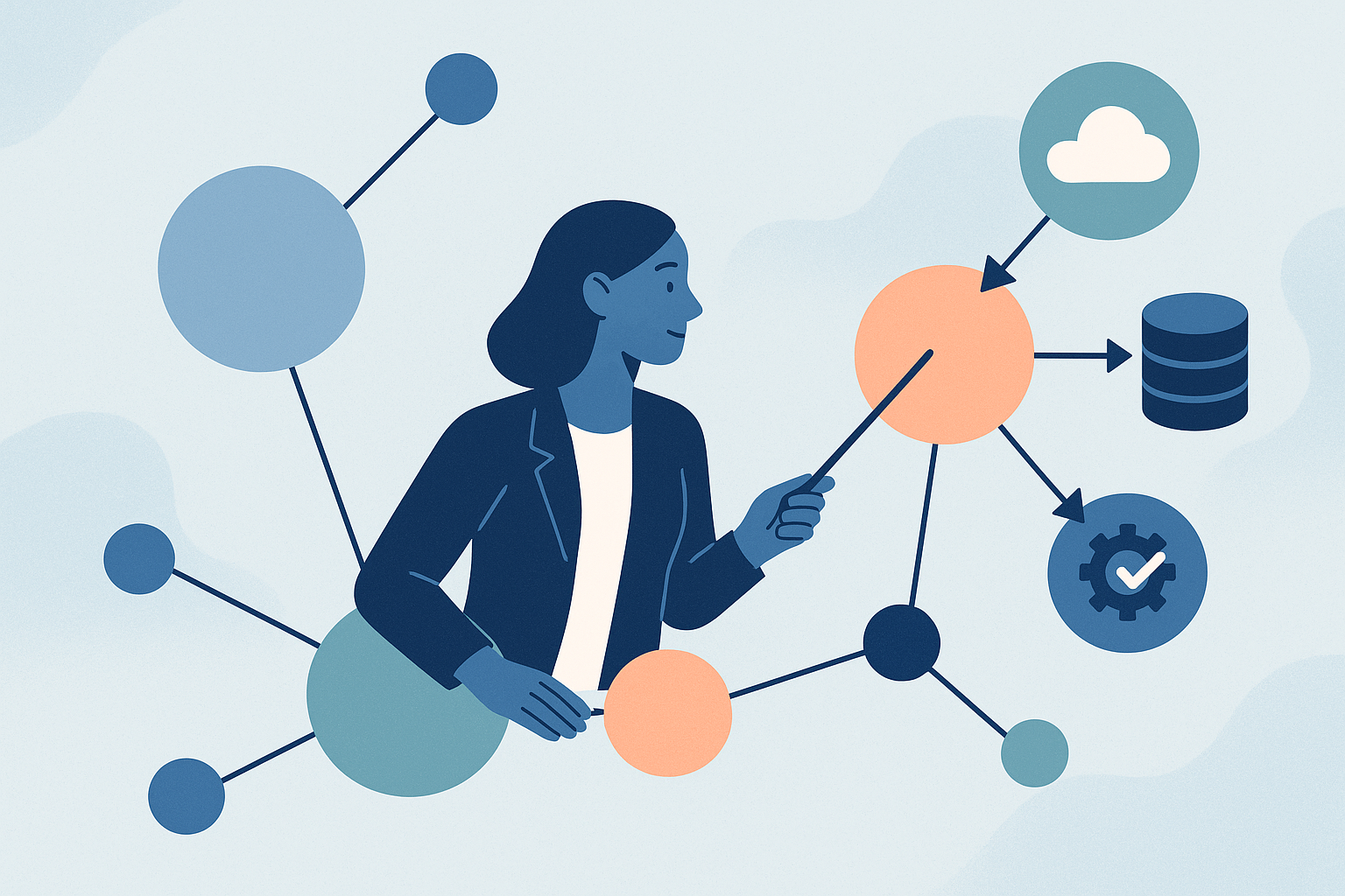Editorial illustration showing current experience connecting into adjacent in-demand skill areas like cloud, data, automation, and security