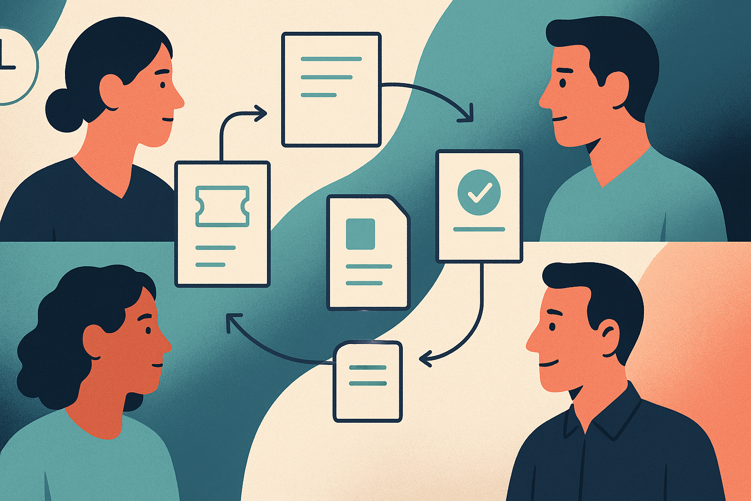 Editorial illustration of distributed teammates using clear async updates, docs, and handoff notes to reduce uncertainty across time zones