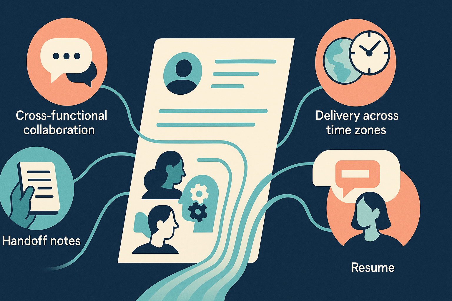 Editorial illustration connecting remote work habits like async communication, mentoring, and cross-time-zone delivery to concrete resume evidence