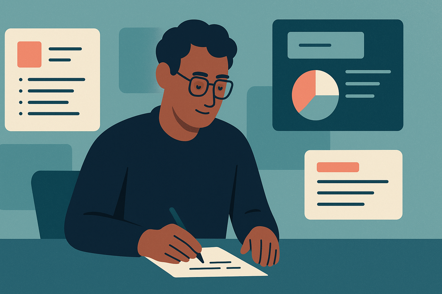 Editorial illustration showing an engineer making impact visible through artifacts like a design note, dashboard, weekly update, and pull request summary