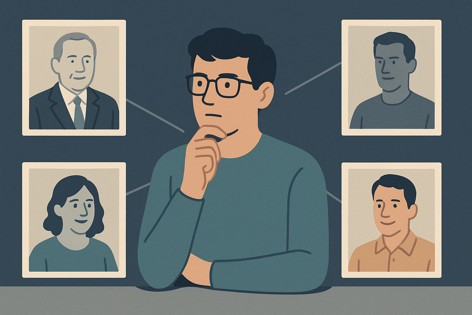 Editorial illustration comparing close professional references like a manager, tech lead, peer, and client with a more distant but prestigious contact