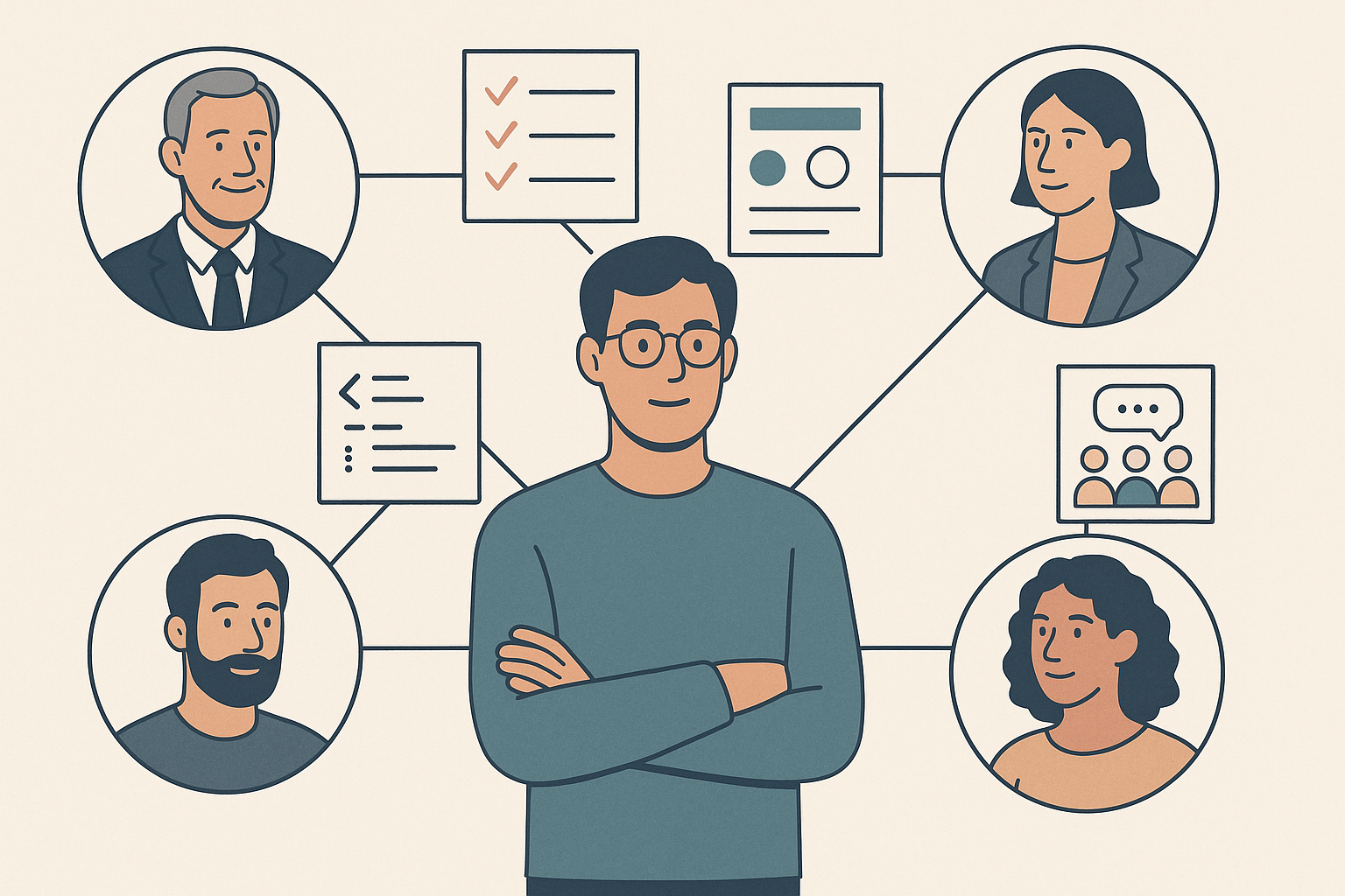 Editorial illustration showing a technical professional supported by a trusted network of former managers, peers, and collaborators who can speak to real work over time
