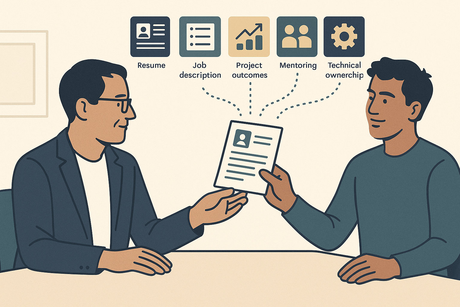 Editorial illustration showing a concise reference prep packet with a resume, job context, project outcomes, and collaboration examples shared with a former manager