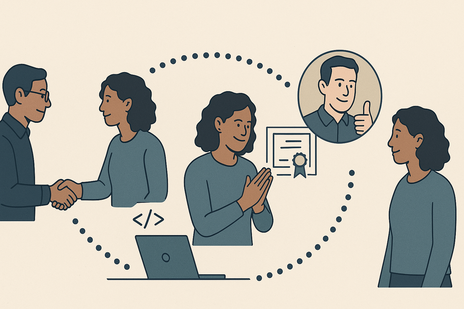 Editorial illustration showing a technical professional maintaining light, meaningful contact with former colleagues through occasional updates and milestones over time