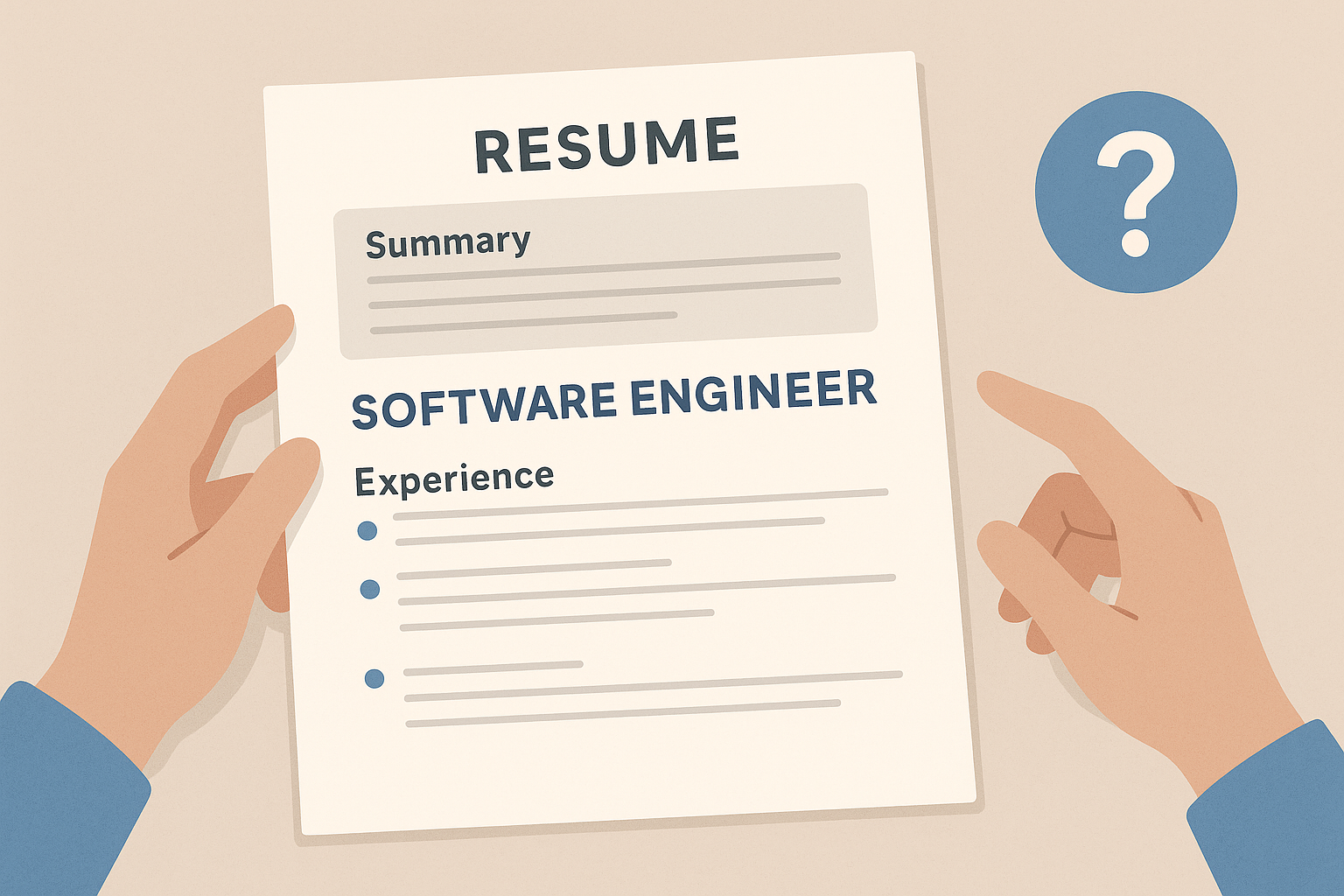 Editorial illustration showing a software engineer deciding whether a resume summary adds clarity or just repeats what strong experience already says