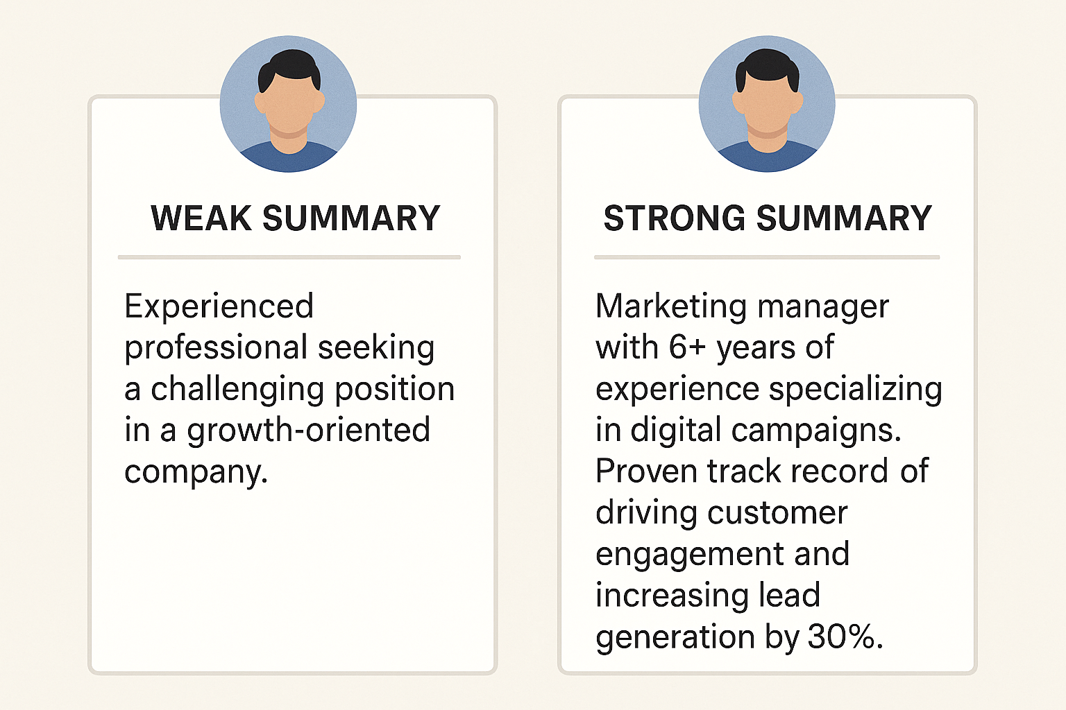 Editorial illustration contrasting a vague generic resume summary with a concrete summary that shows domain, scope, and impact