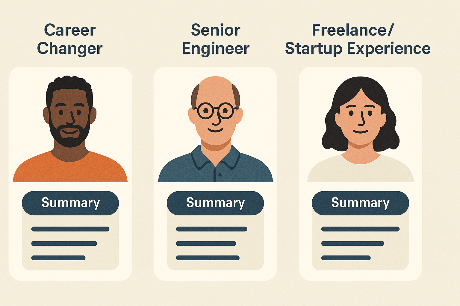 Editorial illustration showing three cases where a short resume summary helps: a career changer, a broad senior profile, and a mixed freelance background