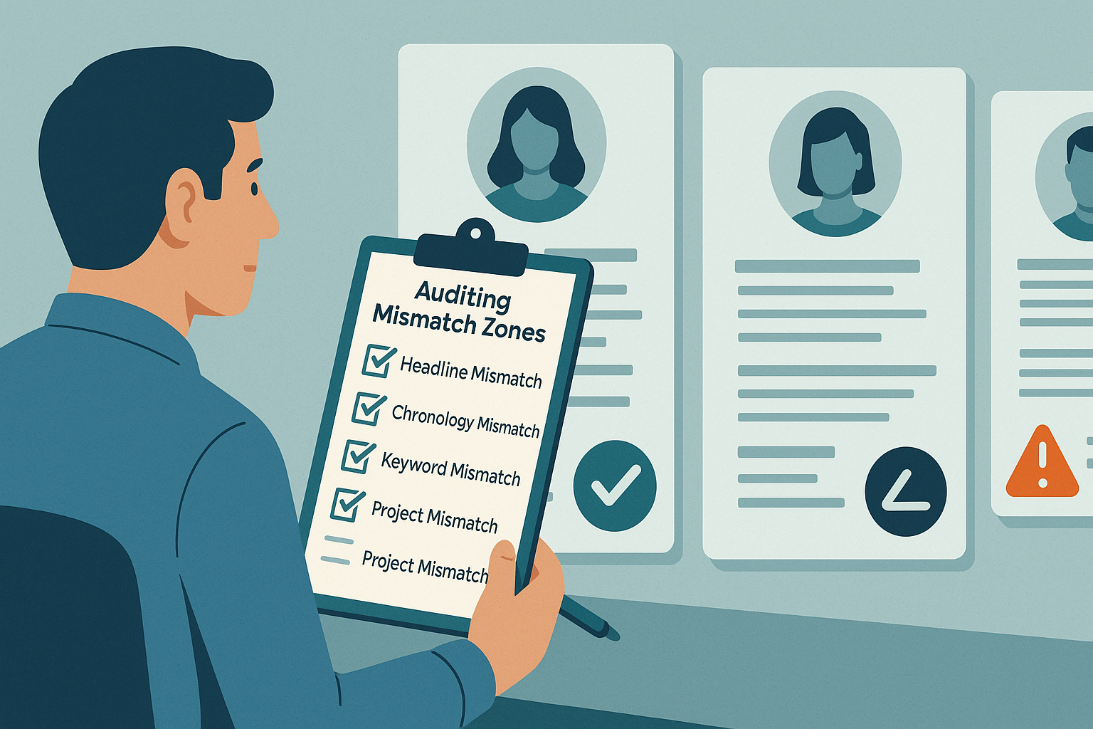 Editorial illustration of a professional reviewing a checklist for headline, chronology, keyword, and project mismatches across resume, LinkedIn, and website
