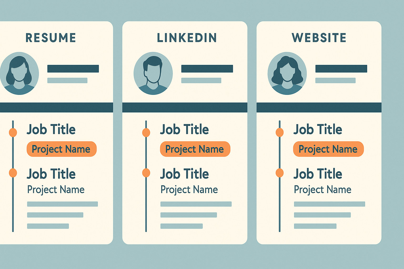 Editorial illustration showing resume, LinkedIn, and website profile details aligned across titles, dates, and project names