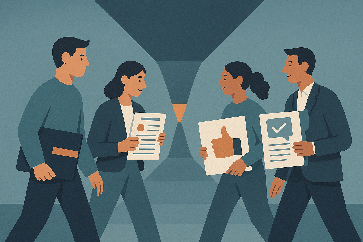 Editorial illustration of a tighter entry path into AI-exposed junior roles, with candidates standing out through judgment, verification, and communication