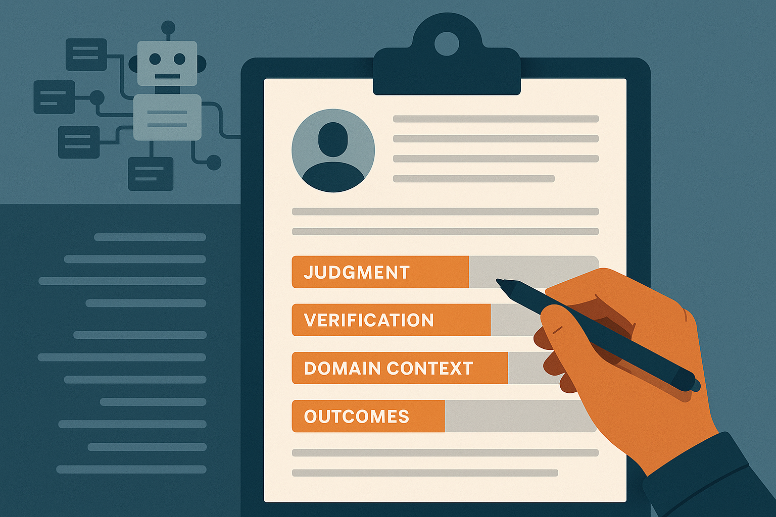 Editorial illustration of a resume being refined to highlight judgment, verification, domain context, and outcomes over generic output tasks